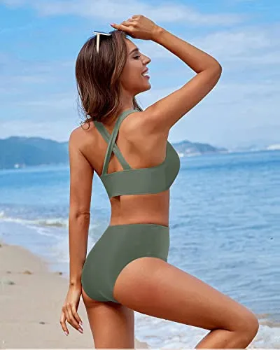 Sporty Women's High Waisted Two Piece Bikini Sports Crop Top Swimsuit-Army Green