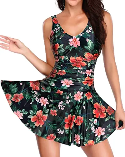Stylish Vintage Swimdress Women's Tummy Control One Piece Skirt Swimwear