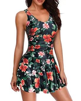 Stylish Vintage Swimdress Women's Tummy Control One Piece Skirt Swimwear