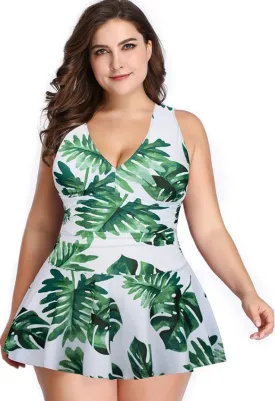 Swimdress Two Piece Retro V-Neck Swimsuit with Ruffles White Leaf Print