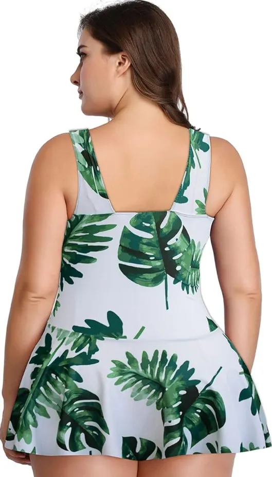 Swimdress Two Piece Retro V-Neck Swimsuit with Ruffles White Leaf Print