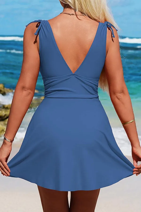 Tummy Control Ruched Tie Shoulder One Piece Swimdress