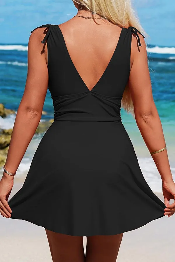 Tummy Control Ruched Tie Shoulder One Piece Swimdress