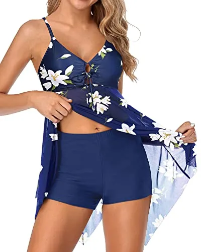 V Neck Non Underwired Bathing Suit Two Piece Swim Dress-Blue Floral