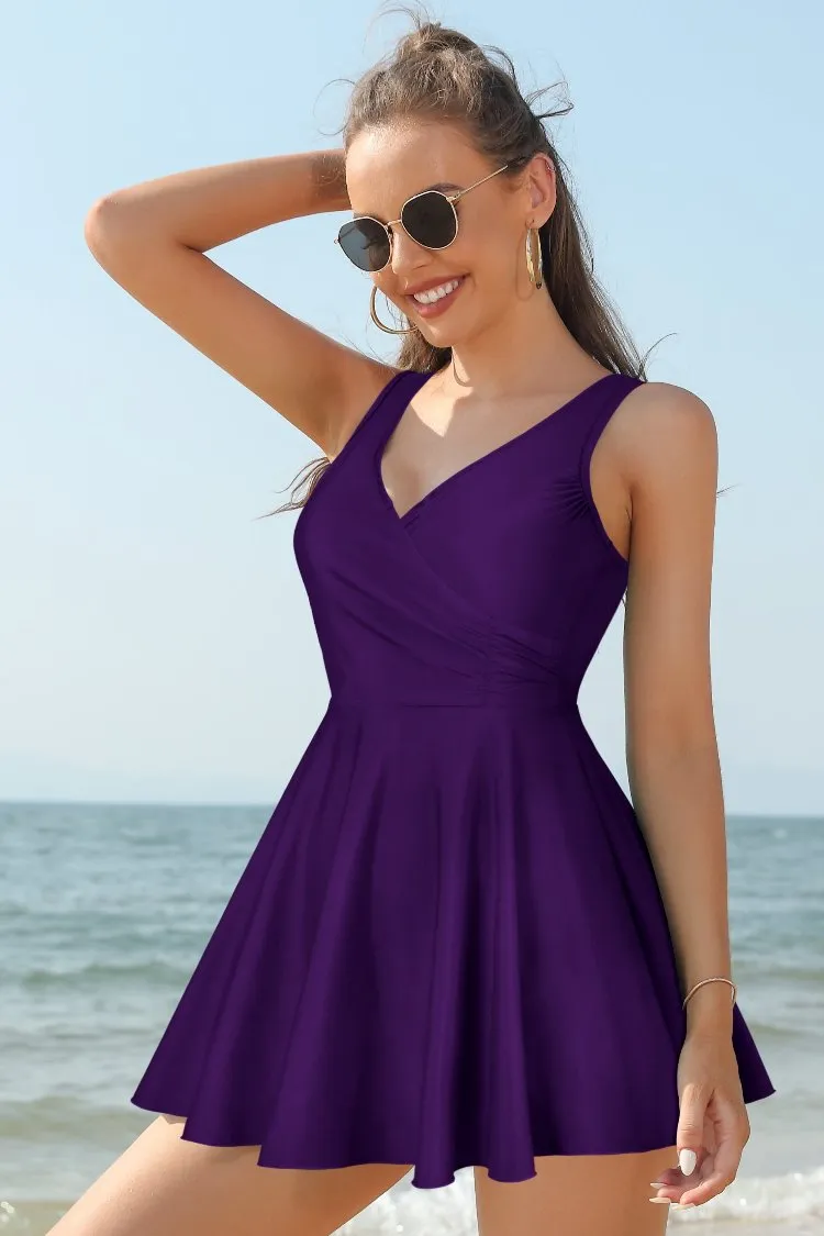 V Neck One Piece Skirt Front Cross Swimdress