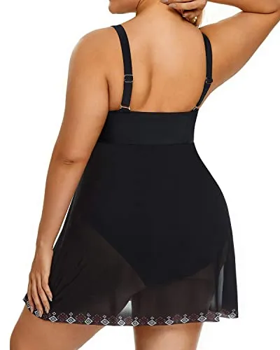 V Neck Plus Size One Piece Bathing Suits For Women-Black Tribal