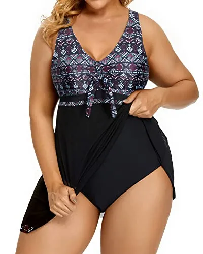 V Neck Plus Size One Piece Bathing Suits For Women-Black Tribal