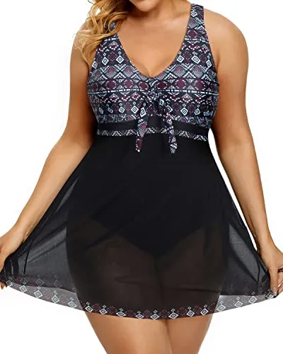 V Neck Plus Size One Piece Bathing Suits For Women-Black Tribal