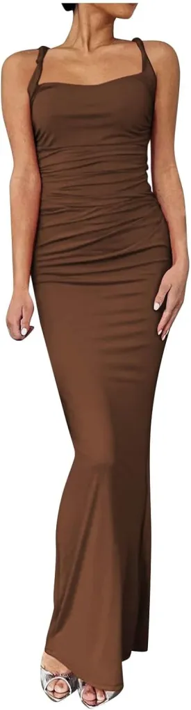 Vacation Dresses for Women 2025 Elegant Sleeveless Bodycon Corset Maxi Dress Spaghetti Strap Ruched Long Sundress