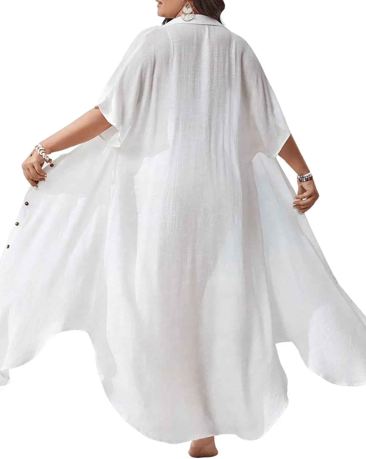 Verdusa Women's Plus Size Sheer Mesh Half Sleeve Loose Swimsuit Maxi Dress Cover Up
