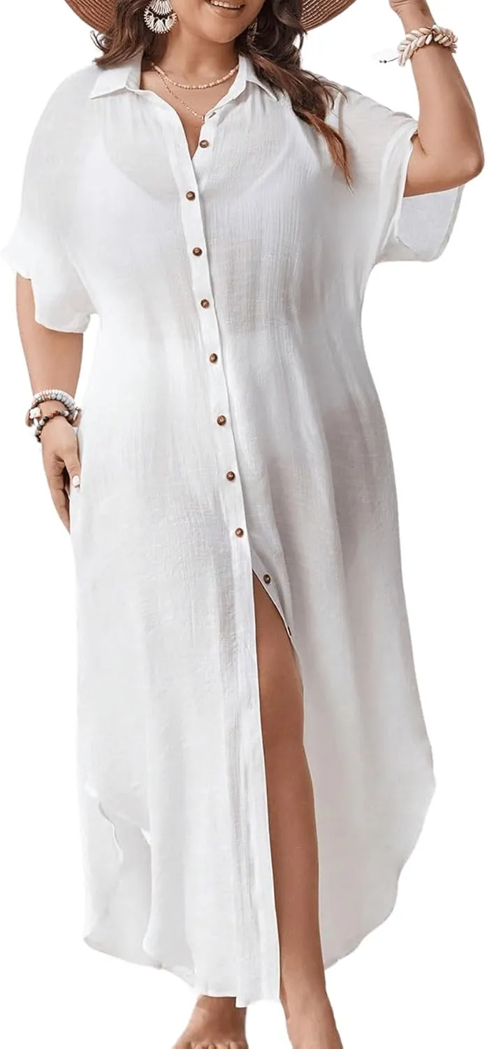 Verdusa Women's Plus Size Sheer Mesh Half Sleeve Loose Swimsuit Maxi Dress Cover Up