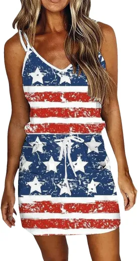 Women 4th of July Flag Tank Dress Summer Casual Striped Patriotic Dress Sleeveless Drawstring Waist Sundress
