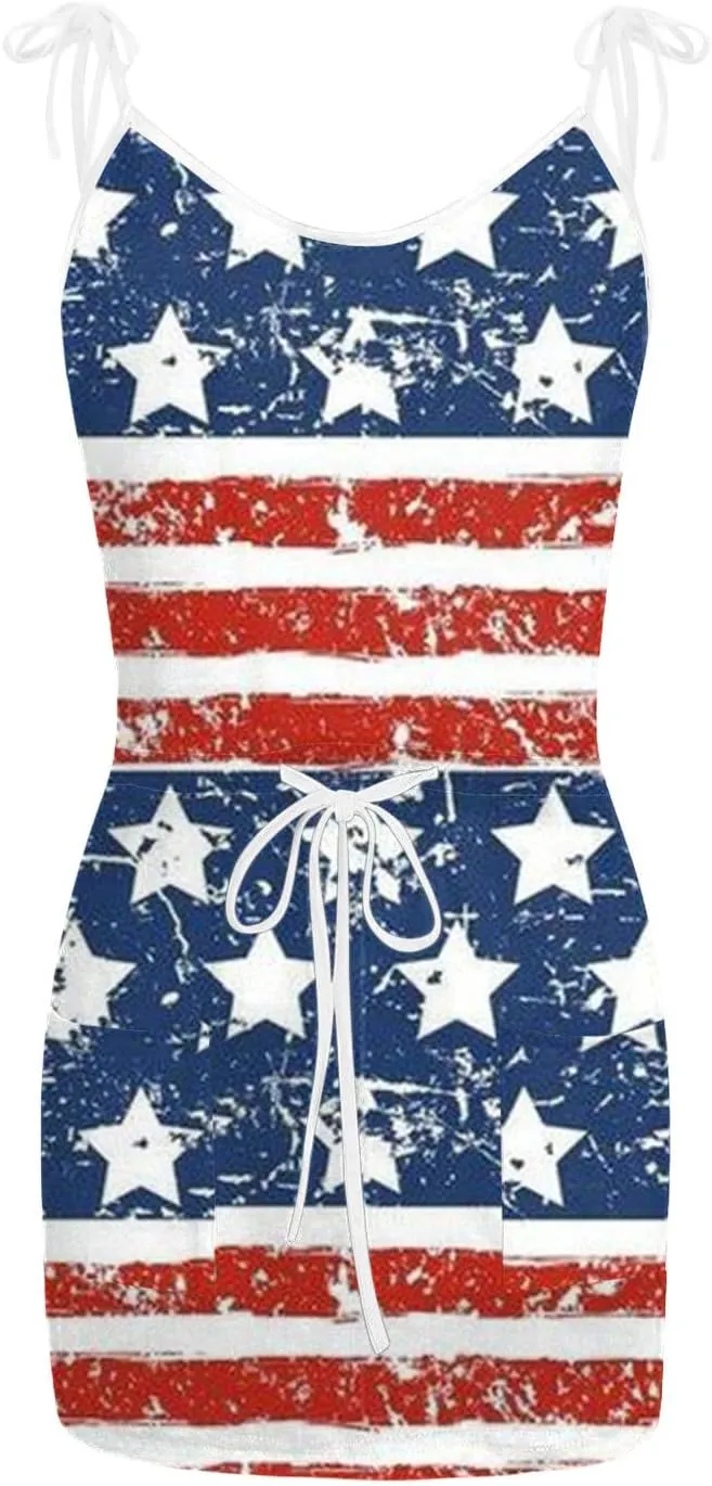 Women 4th of July Flag Tank Dress Summer Casual Striped Patriotic Dress Sleeveless Drawstring Waist Sundress