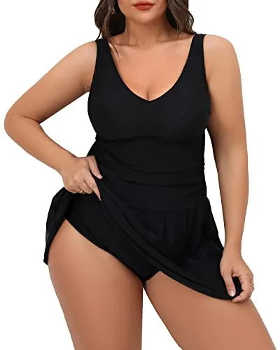 Women Plus Size One Piece Swim Dress With Tummy Control Skirt-Black