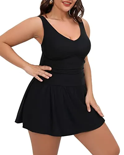 Women Plus Size One Piece Swim Dress With Tummy Control Skirt-Black