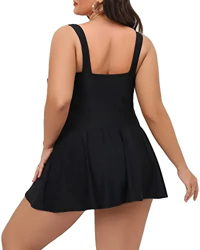 Women Plus Size One Piece Swim Dress With Tummy Control Skirt-Black