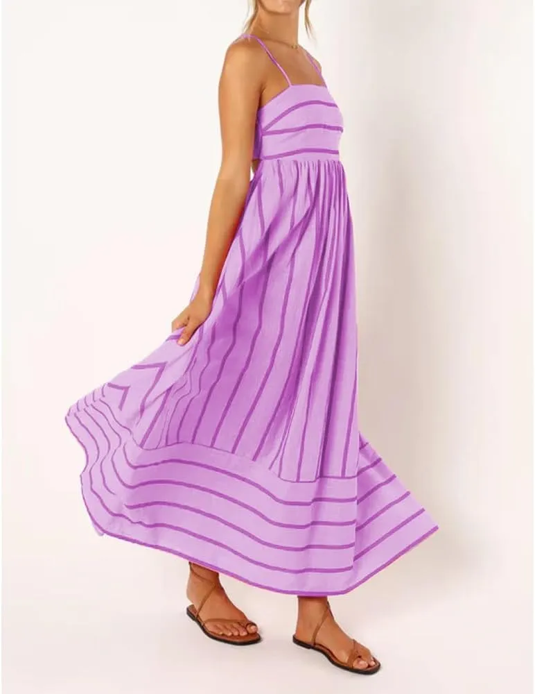 Women Striped Maxi Dress Sleeveless Backless Cutout Smocked Sundress Spaghetti Straps Boho Flowy Dresses