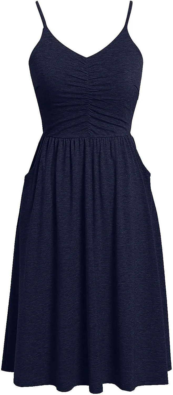 Women V Neck Spaghetti Strap Dress Sleeveless Pleated A Line Midi Dress 2024 Summer Casual Cocktail Beach Dress