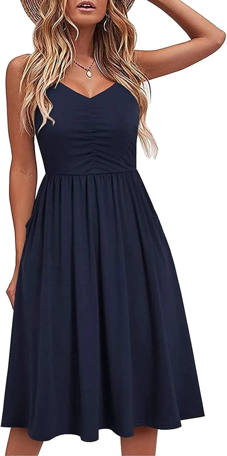 Women V Neck Spaghetti Strap Dress Sleeveless Pleated A Line Midi Dress 2024 Summer Casual Cocktail Beach Dress