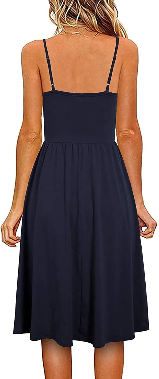 Women V Neck Spaghetti Strap Dress Sleeveless Pleated A Line Midi Dress 2024 Summer Casual Cocktail Beach Dress