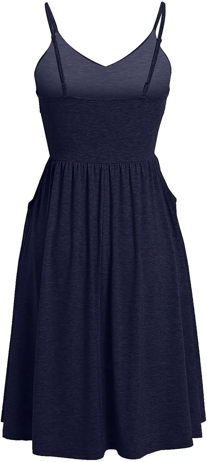 Women V Neck Spaghetti Strap Dress Sleeveless Pleated A Line Midi Dress 2024 Summer Casual Cocktail Beach Dress