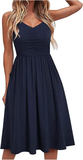 Women V Neck Spaghetti Strap Dress Sleeveless Pleated A Line Midi Dress 2024 Summer Casual Cocktail Beach Dress