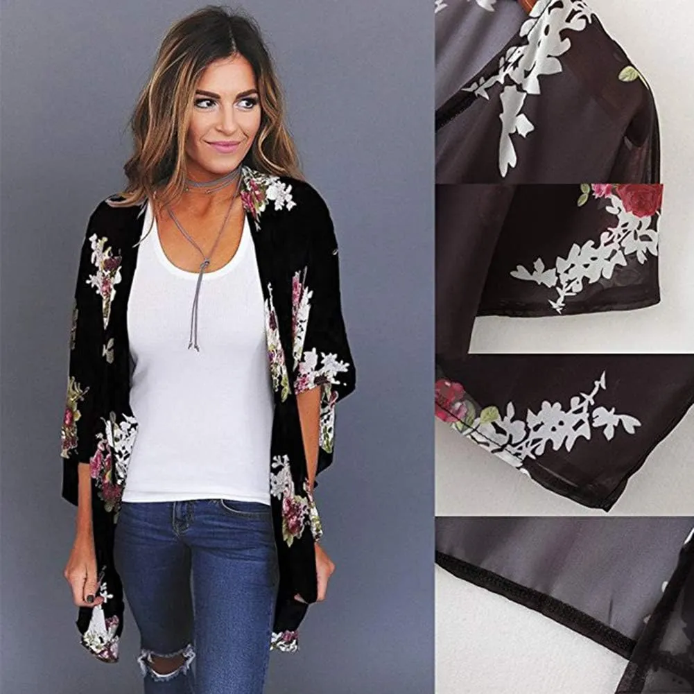 Womens Cover Ups Chiffon Floral Print Kimono Loose Shawl Cardigan Boho Summer Casual Blouse Top Sexy Beach Swimwear