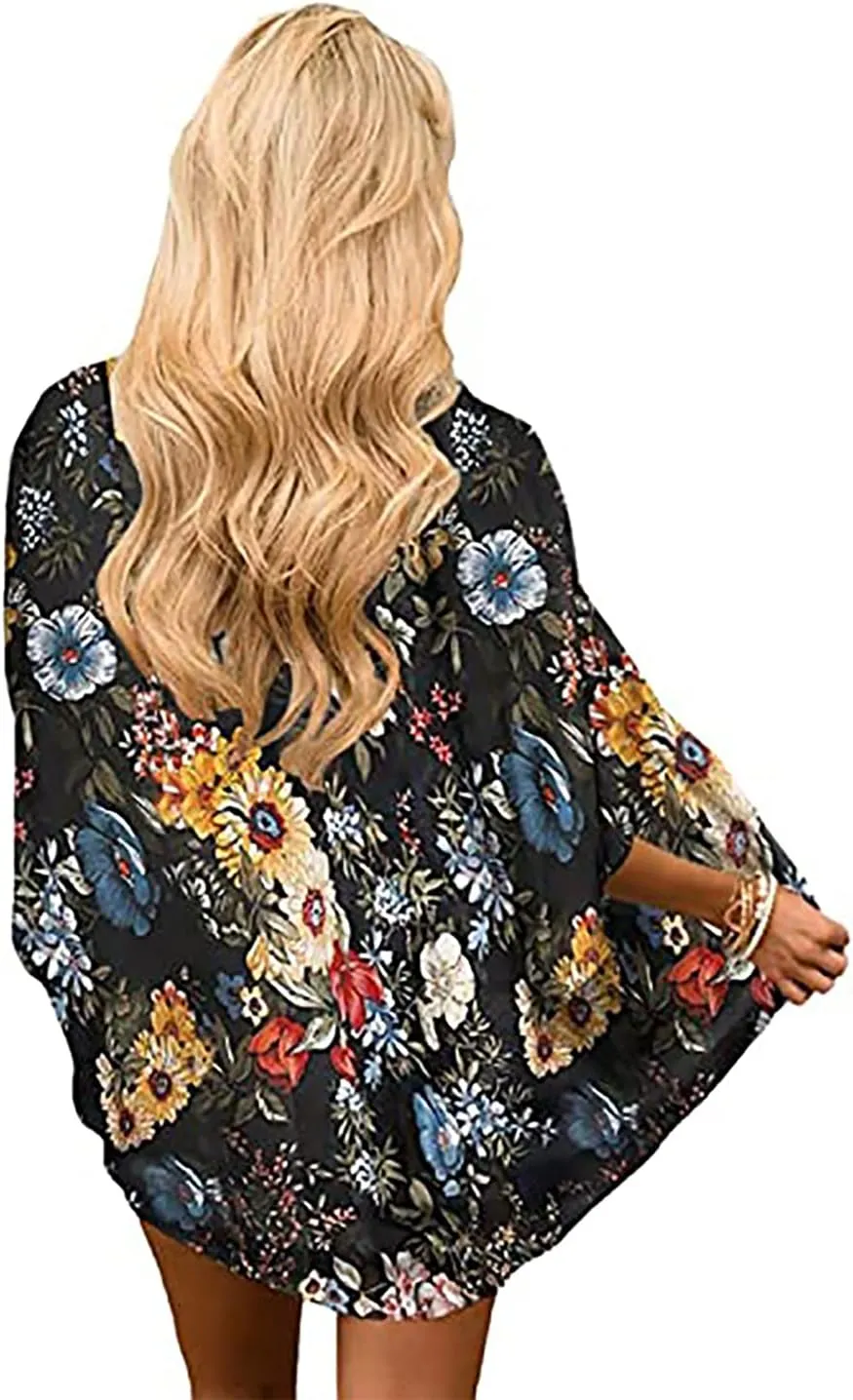 Womens Cover Ups Chiffon Floral Print Kimono Loose Shawl Cardigan Boho Summer Casual Blouse Top Sexy Beach Swimwear