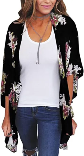 Womens Cover Ups Chiffon Floral Print Kimono Loose Shawl Cardigan Boho Summer Casual Blouse Top Sexy Beach Swimwear