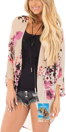 Womens Cover Ups Chiffon Floral Print Kimono Loose Shawl Cardigan Boho Summer Casual Blouse Top Sexy Beach Swimwear
