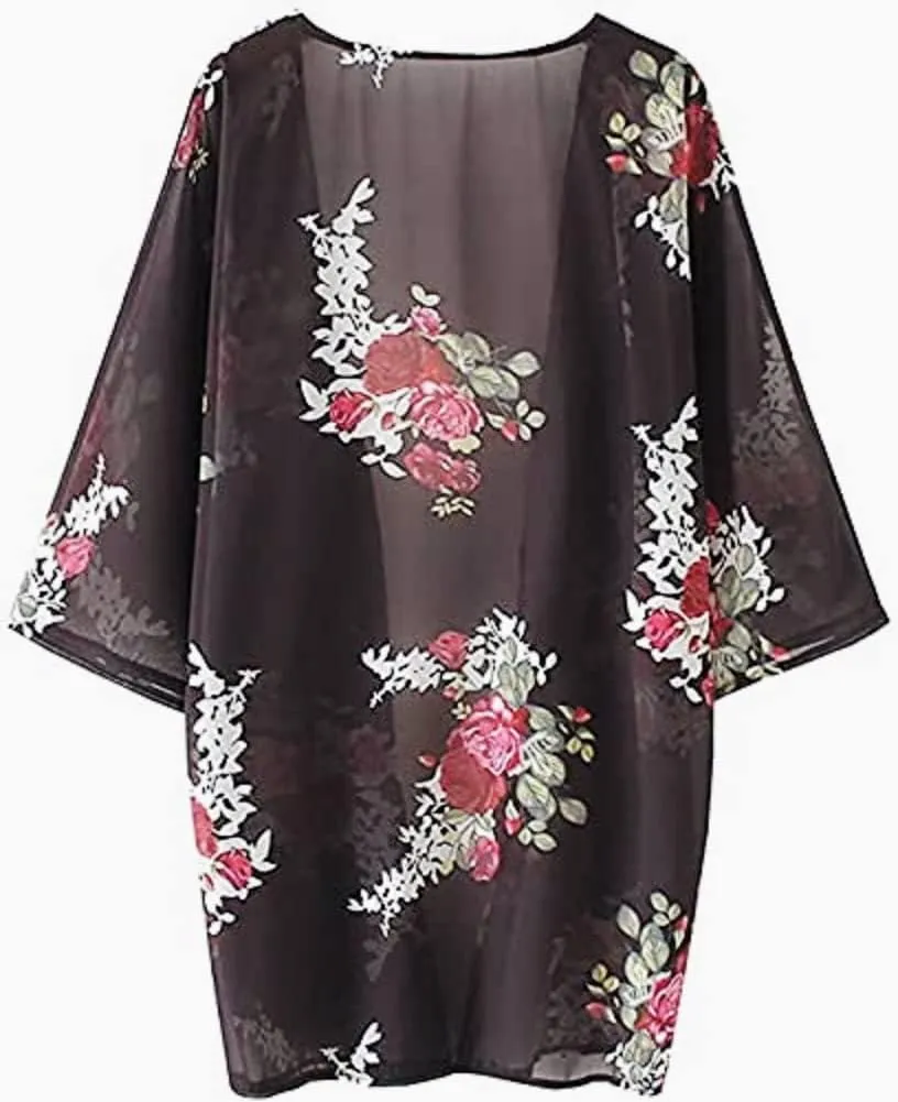 Womens Cover Ups Chiffon Floral Print Kimono Loose Shawl Cardigan Boho Summer Casual Blouse Top Sexy Beach Swimwear