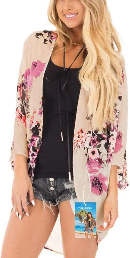 Womens Cover Ups Chiffon Floral Print Kimono Loose Shawl Cardigan Boho Summer Casual Blouse Top Sexy Beach Swimwear