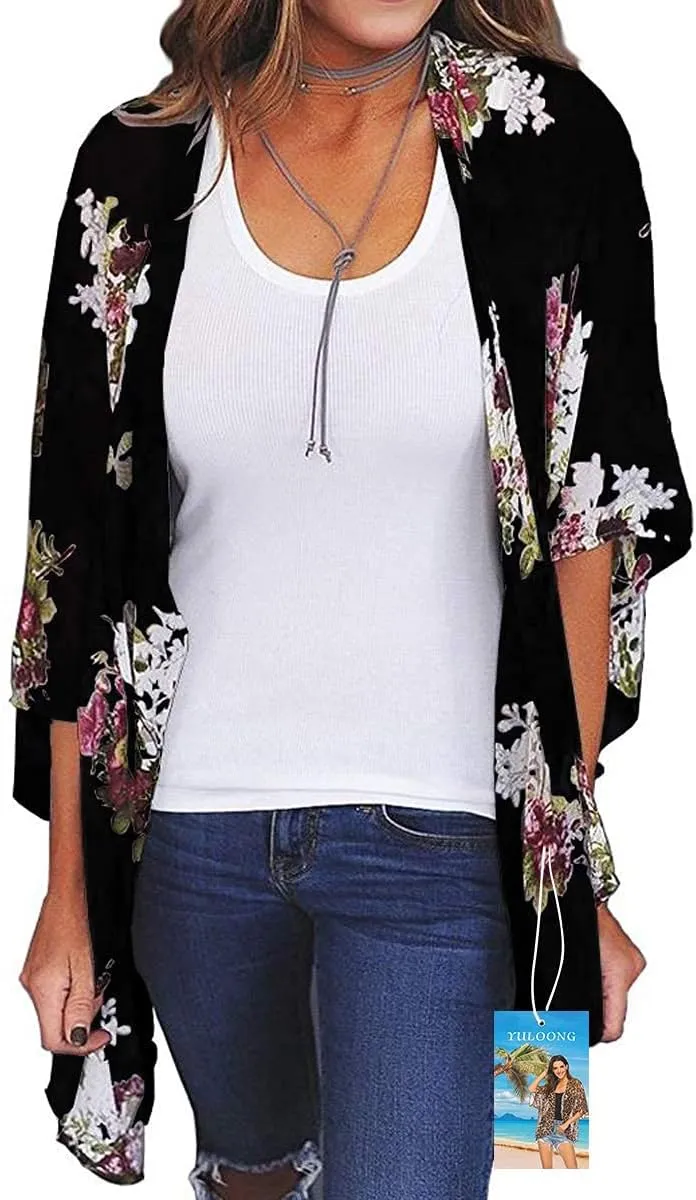 Womens Cover Ups Chiffon Floral Print Kimono Loose Shawl Cardigan Boho Summer Casual Blouse Top Sexy Beach Swimwear