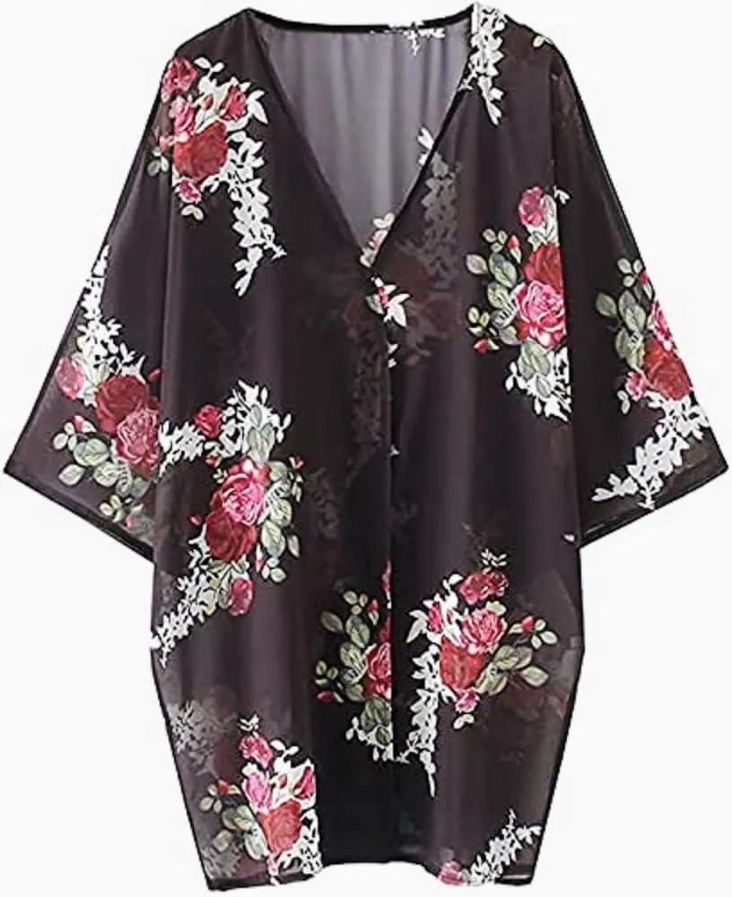 Womens Cover Ups Chiffon Floral Print Kimono Loose Shawl Cardigan Boho Summer Casual Blouse Top Sexy Beach Swimwear