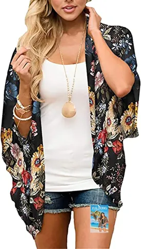 Womens Cover Ups Chiffon Floral Print Kimono Loose Shawl Cardigan Boho Summer Casual Blouse Top Sexy Beach Swimwear