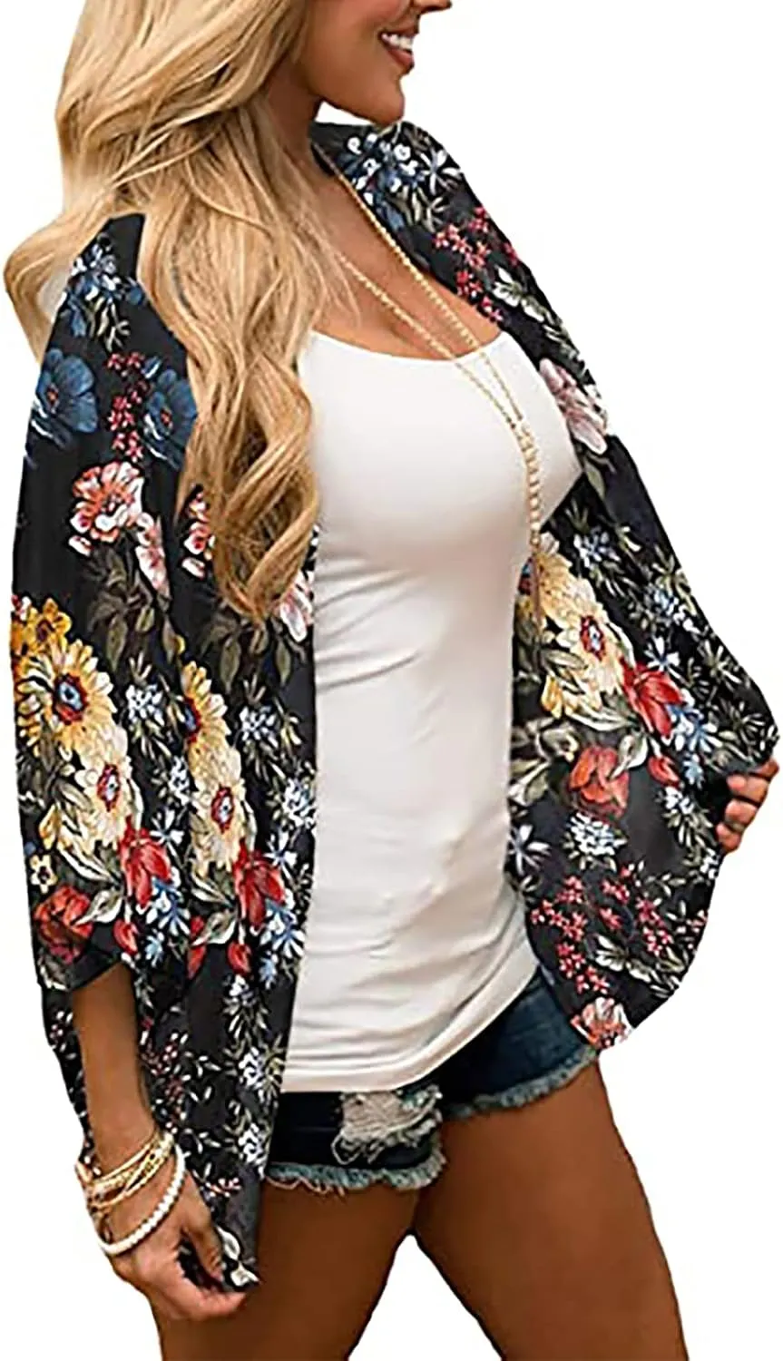 Womens Cover Ups Chiffon Floral Print Kimono Loose Shawl Cardigan Boho Summer Casual Blouse Top Sexy Beach Swimwear