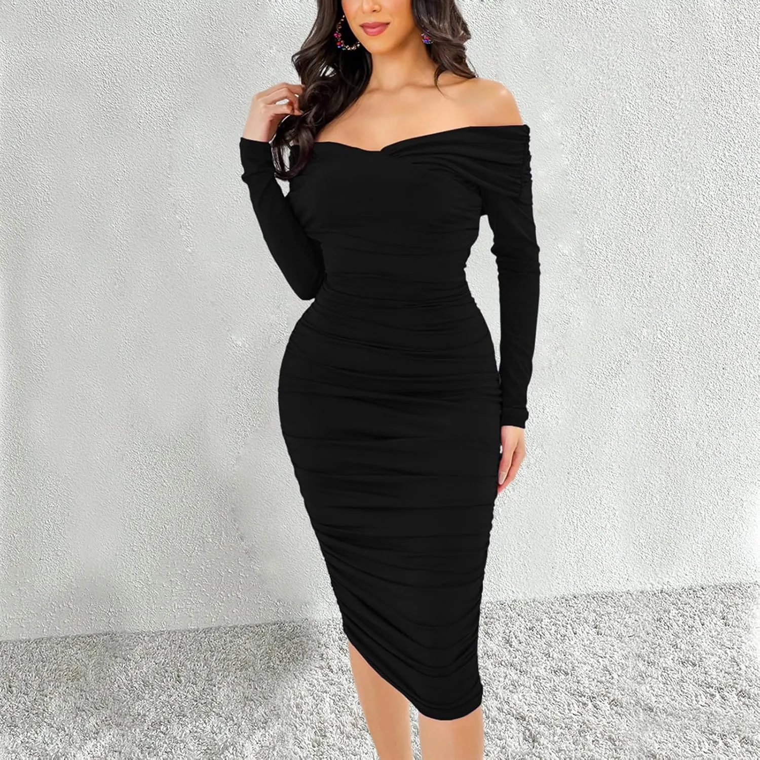 Women's Elegant Bodycon Long Dresses Deep V Neck Long Sleeves Club Night Party Midi Dress