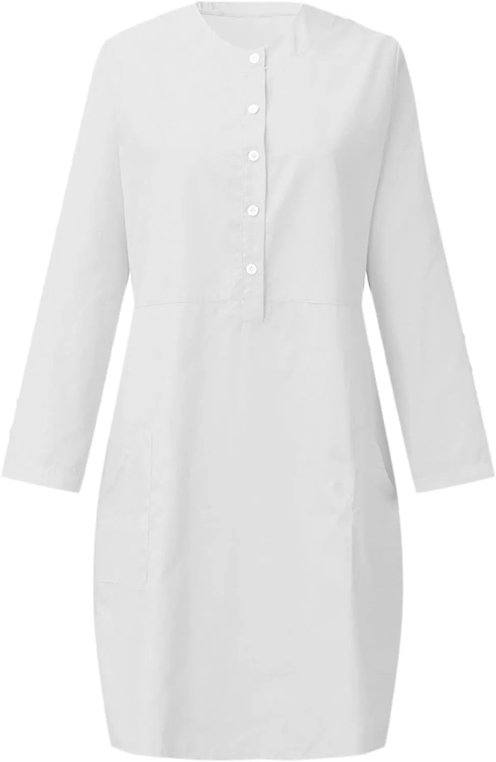 Women's Half Button Down Cotton Linen Dress Long Sleeve Fall Casual Crewneck Knee-Length Dresses with Pockets