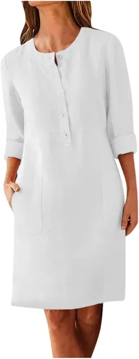 Women's Half Button Down Cotton Linen Dress Long Sleeve Fall Casual Crewneck Knee-Length Dresses with Pockets