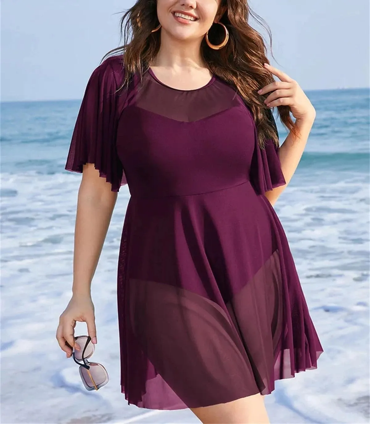 Women's Plus Size One Piece Swimsuit - Solid Mesh Patchwork Ruffle Sleeve Swimdress with Tummy Control