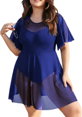 Women's Plus Size One Piece Swimsuit - Solid Mesh Patchwork Ruffle Sleeve Swimdress with Tummy Control