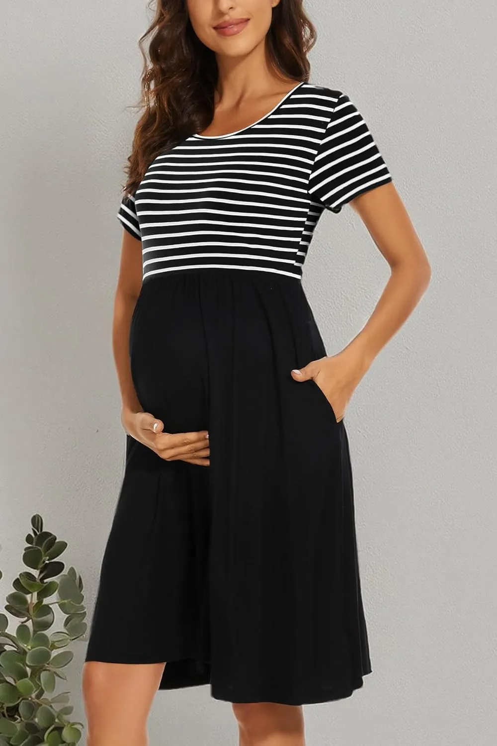 Women's Short Sleeve Maternity Dress Patchwork Pregnancy Clothes with Pockets