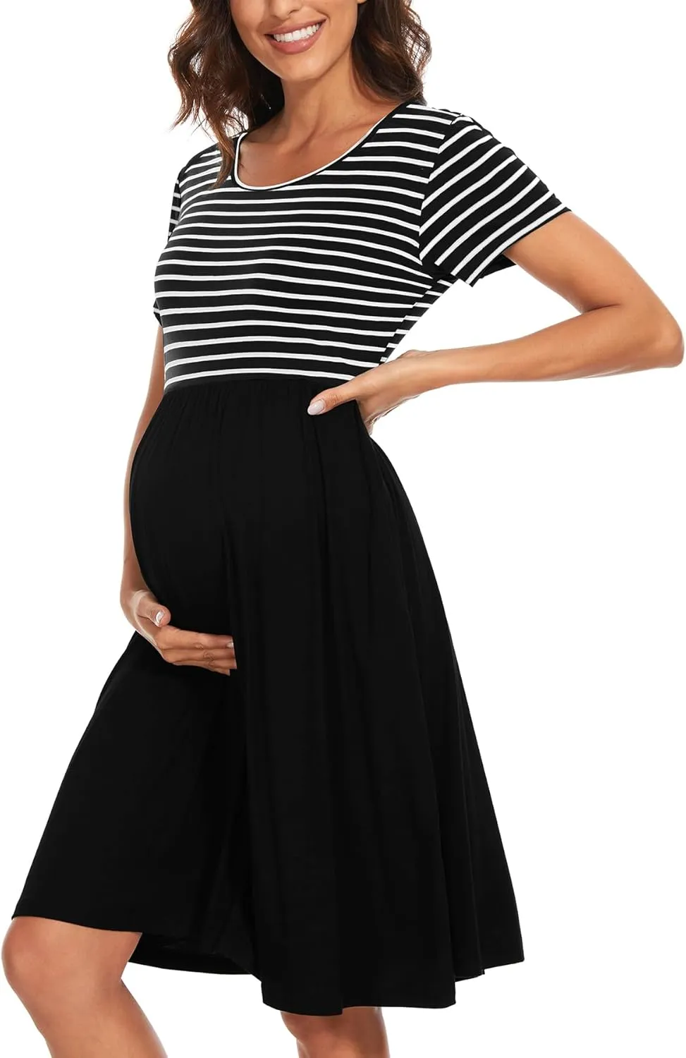 Women's Short Sleeve Maternity Dress Patchwork Pregnancy Clothes with Pockets