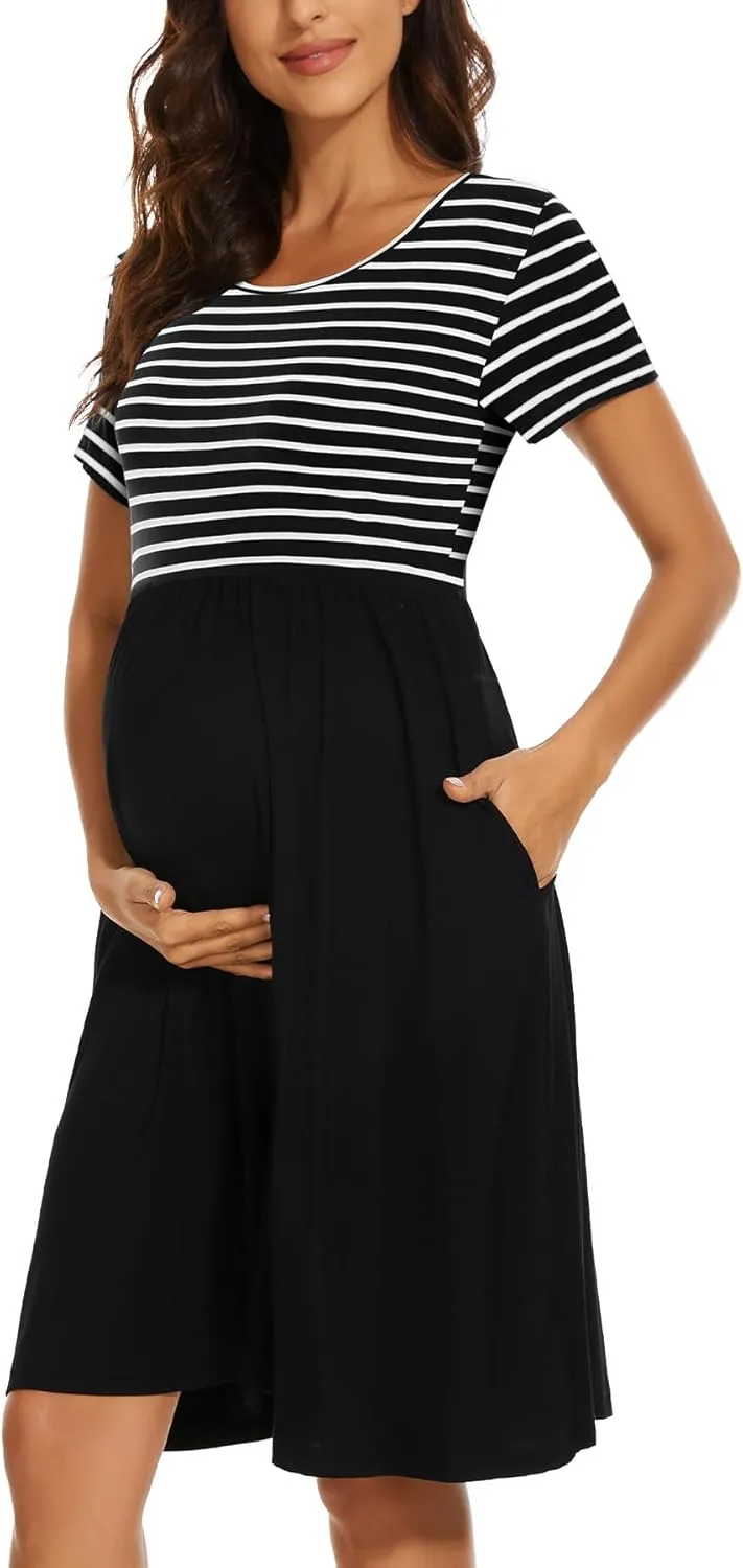Women's Short Sleeve Maternity Dress Patchwork Pregnancy Clothes with Pockets