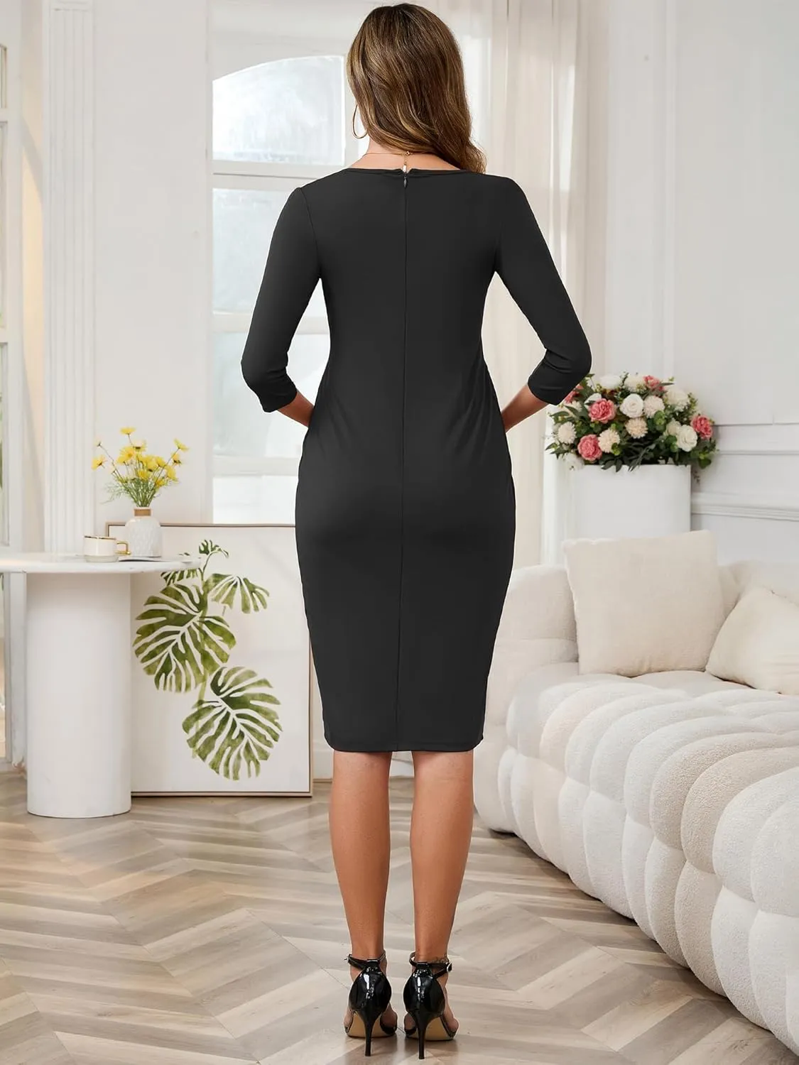 Women's Work Maternity Dresses Cocktail Semi Formal 3/4 Sleeves Front Pleated Office Pregnancy Dress