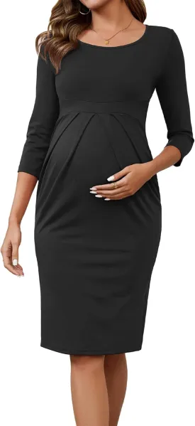 Women's Work Maternity Dresses Cocktail Semi Formal 3/4 Sleeves Front Pleated Office Pregnancy Dress
