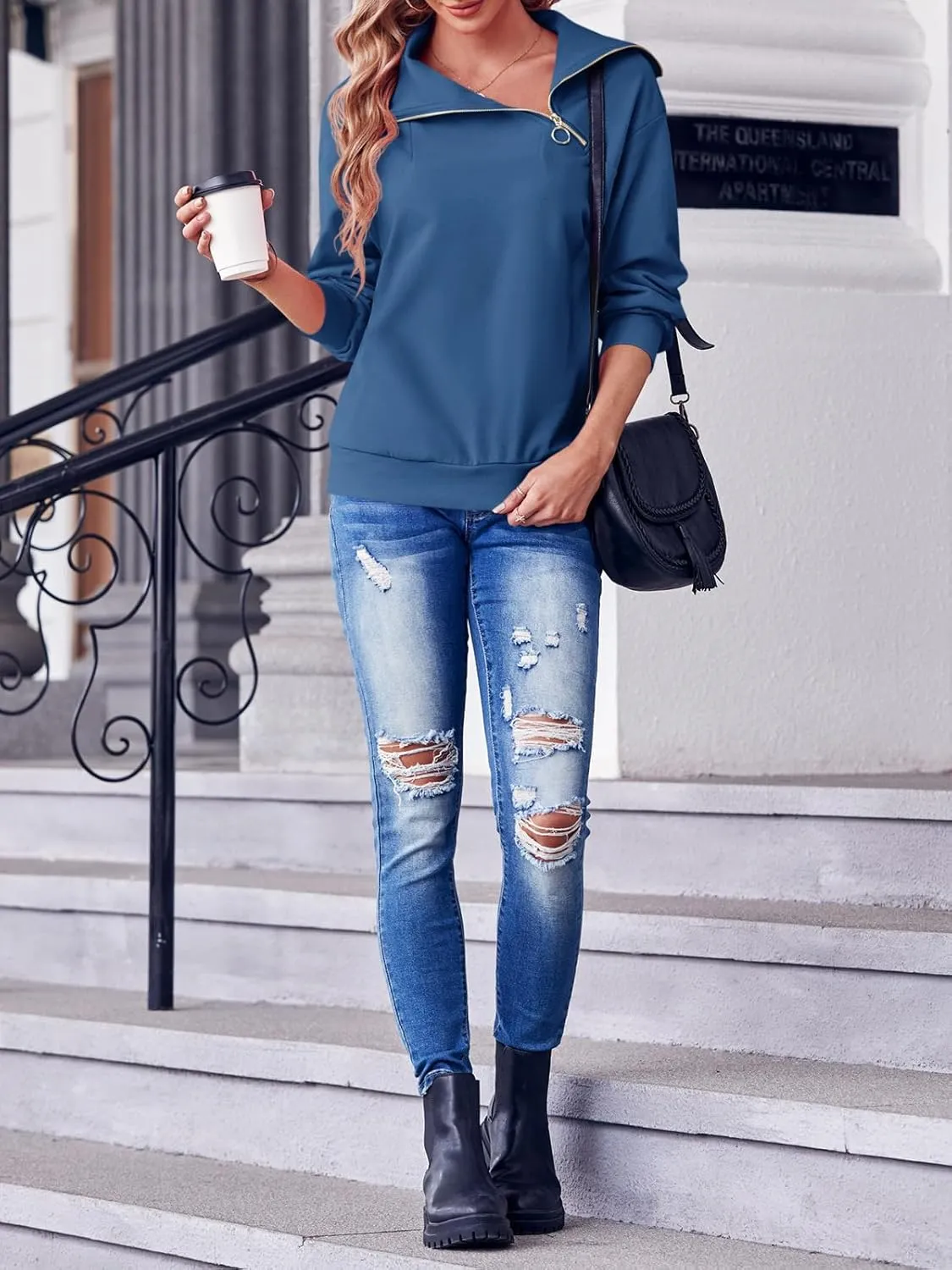 Womens Zipper Sweatshirt Turtleneck Long Sleeve Pullover Casual Loose Sweatshirts Top T Shirts