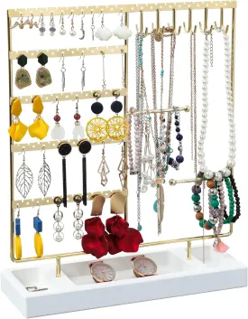X-cosrack Earring Holder,5-Tier Ear Stud Holder with Wooden Tray,Jewelry Organizer Holder for Earrings Necklaces Bracelets Watches and Rings,Earring Display Stand with 132 Holes