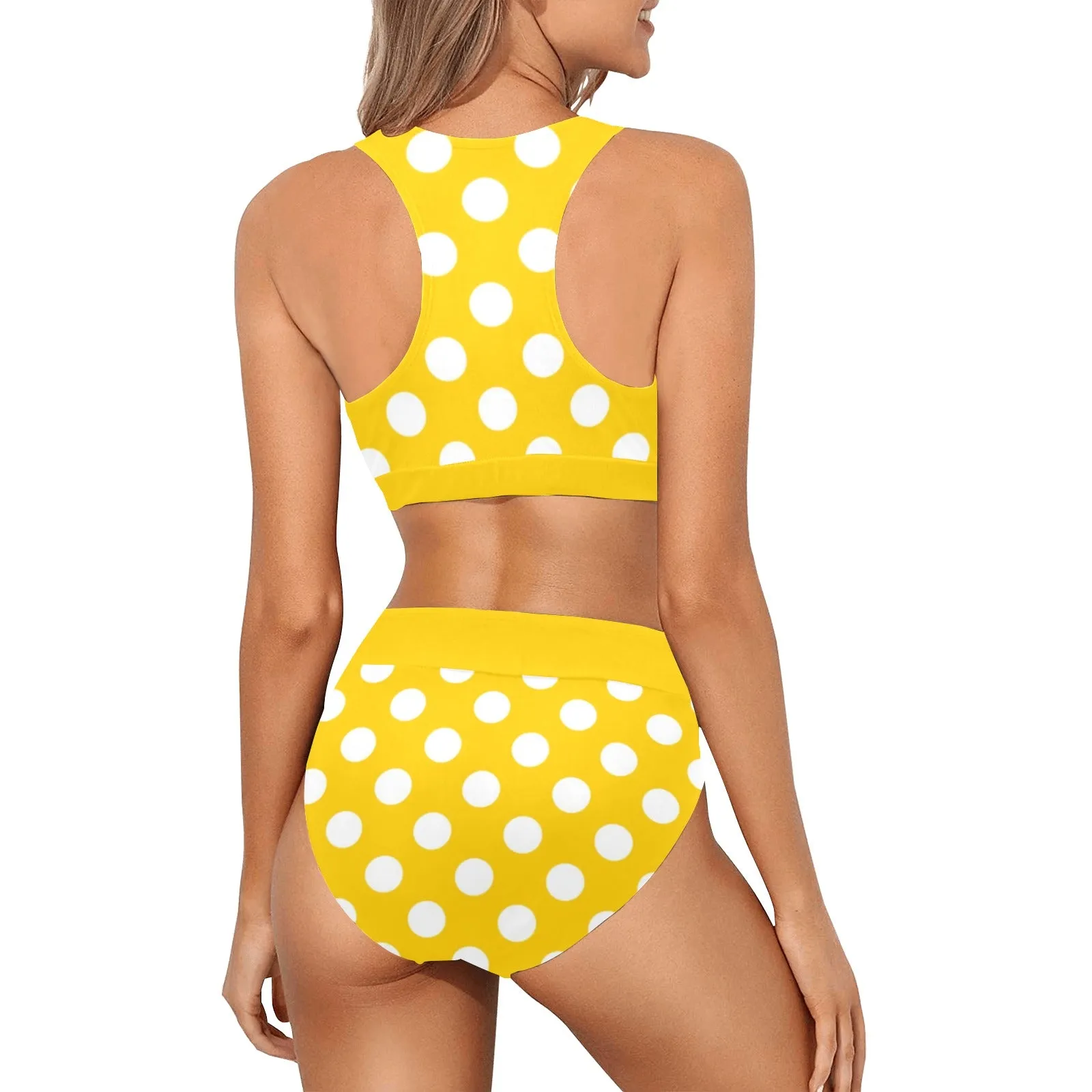 Yellow Polka Dot Bikini Sports Bikini Set, High Waisted Cheeky Bottom Halter Crop Top Sexy Swimsuits Women Padded Swimwear Bathing Suit