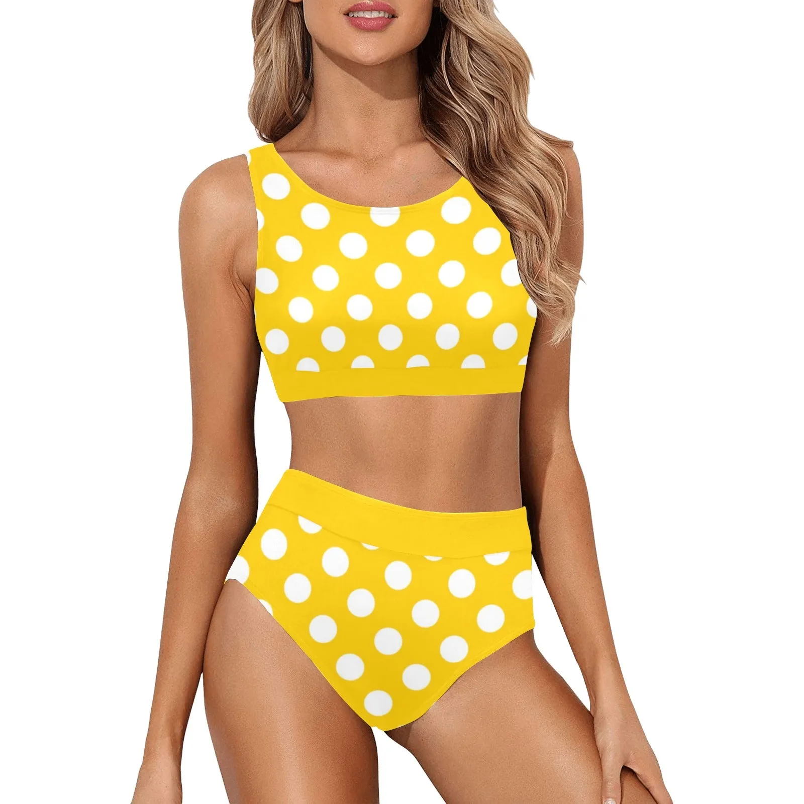 Yellow Polka Dot Bikini Sports Bikini Set, High Waisted Cheeky Bottom Halter Crop Top Sexy Swimsuits Women Padded Swimwear Bathing Suit